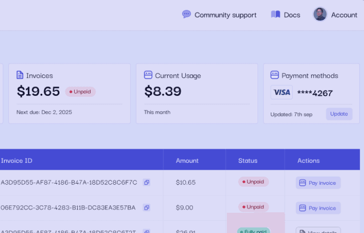 Pay as you go dashboard